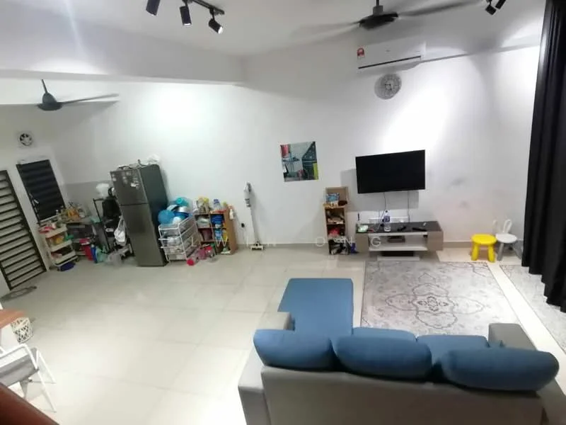 Living features: grey fabric sofa, coffee table, wall-mounted TV, TV console, area rug with geometric pattern, floor-to-ceiling windows with black curtains, recessed downlights, 1 wall-mounted split AC, light-colored tiled flooring, decorative wall clock, open shelving unit, refrigerator, storage bins, yellow plastic chair; style: modern.