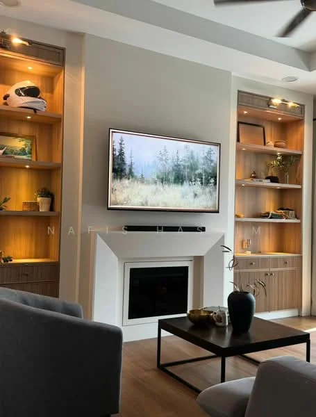 Living features: grey fabric sofa, wooden coffee table, wall-mounted TV, built-in shelving unit with warm wood finish, decorative items on shelves, electric fireplace, recessed lighting, ceiling fan with light, wooden flooring, neutral wall color; style: modern.