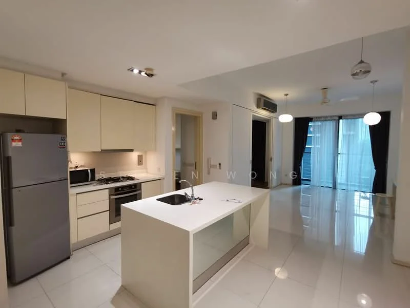 Kitchen features: white cabinetry, stainless-steel fridge, built-in oven, 4-burner gas hob, single-bowl stainless-steel sink, chrome pull-down faucet, white quartz countertop, pendant lighting, tile flooring; style: modern. Living features: floor-to-ceiling windows, sliding glass door, white walls, recessed downlights, ceiling fan, porcelain tile flooring, blackout curtains; style: modern.