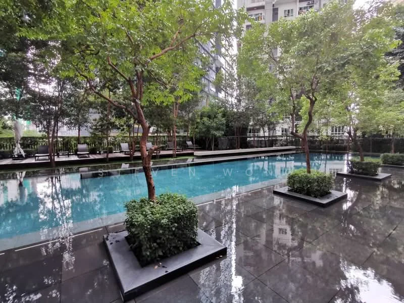 Exterior type: swimming pool deck; features: infinity pool, landscaped garden, manicured hedges, potted plants, poolside loungers, surrounding trees, stone-paved walkway, reflections on water surface; style: modern.