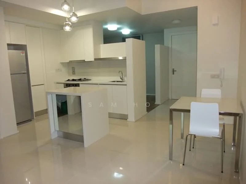 Kitchen features: white cabinetry, stainless-steel fridge, built-in oven, 4-burner gas hob, single-bowl stainless-steel sink, chrome pull-down faucet, white countertop, pendant lighting, tile flooring, open layout, island with seating, dining table with white chairs; style: modern.