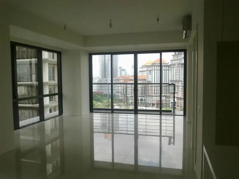 Living features: floor-to-ceiling windows, white painted walls, polished tile flooring, recessed downlights, open layout, city view, balcony access, high ceilings; style: modern; view: city.
