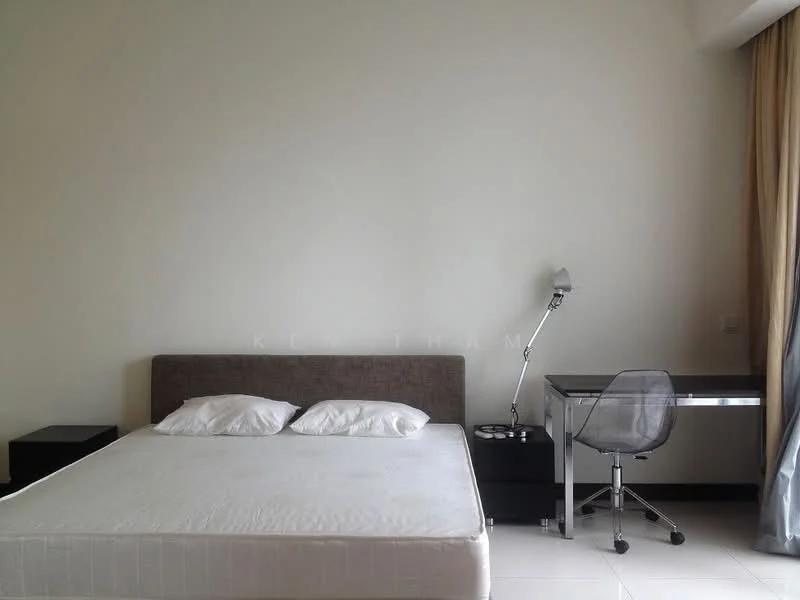 Bedroom features: queen-size bed, upholstered headboard, 2 white pillows, black bedside table, glass-top study desk, transparent office chair, desk lamp, floor-to-ceiling window with curtains, light-colored walls, tile flooring; style: modern.
