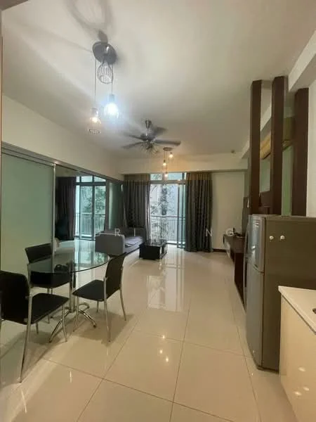 Living features: 3-seater fabric sofa in grey, ceiling fan with light, floor-to-ceiling windows, sliding glass door, curtains, white painted walls, polished tile flooring, dining table with 4 chairs, refrigerator, open layout, decorative light fixtures; style: modern; view: garden.