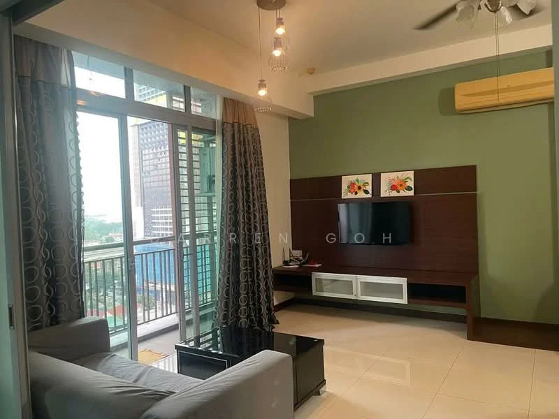 Living features: grey fabric sofa, black coffee table, wall-mounted TV, wooden TV console, decorative artwork on wall, floor-to-ceiling windows, curtains with geometric pattern, ceiling fan with light, air conditioning unit, white tiled flooring, green accent wall; style: modern; view: city.