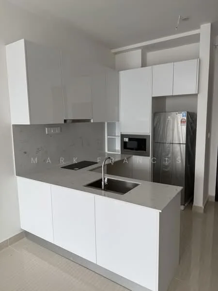 Kitchen features: white cabinetry, marble countertop, single-bowl stainless-steel sink, chrome pull-down faucet, built-in oven, stainless-steel fridge, ceramic tile flooring, wall-mounted microwave, open shelving, recessed downlights; style: modern.