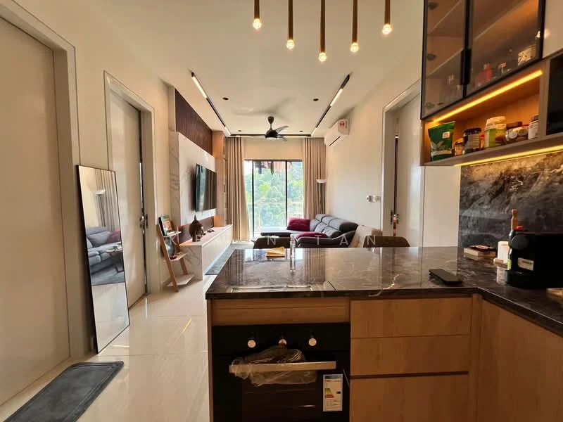 Kitchen features: black granite countertop, wood cabinetry, built-in oven, stainless-steel sink, chrome pull-down faucet, open shelving, recessed downlights, tile flooring, wall-mounted cabinets, kitchen island, microwave, dishwasher; style: modern; view: city. Living features: 3-seater fabric sofa in grey, wall-mounted TV, coffee table, area rug, floor-to-ceiling windows, ceiling fan, decorative wall paneling; style: modern; view: garden.
