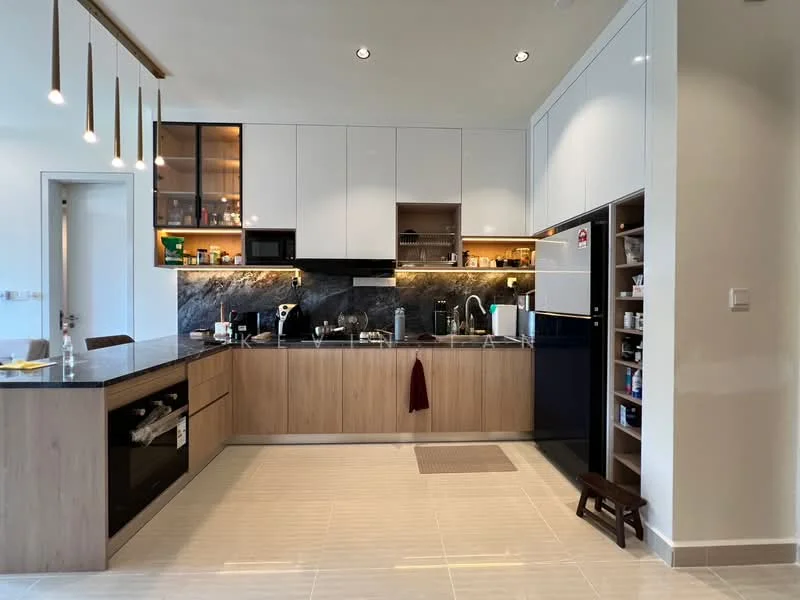 Kitchen features: L-shaped kitchen layout, black granite countertop, wood cabinetry with white high-gloss finish, built-in oven, stainless-steel sink, chrome pull-down faucet, black refrigerator, open shelving, under-cabinet lighting, ceramic tile flooring, recessed downlights, wall-mounted kitchen storage, kitchen island with seating, pantry storage; style: modern.