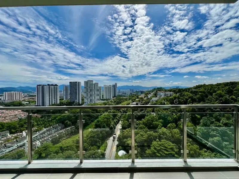 Exterior type: high-rise condominium; features: glass balcony railing, panoramic city view, surrounded by greenery, clear blue sky, urban skyline, mountain view in background; style: modern.