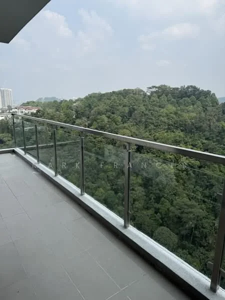 Room features: glass railing, tile flooring, mountain view, outdoor space, balcony, concrete wall, overhead sky, greenery view; style: modern; view: mountain.