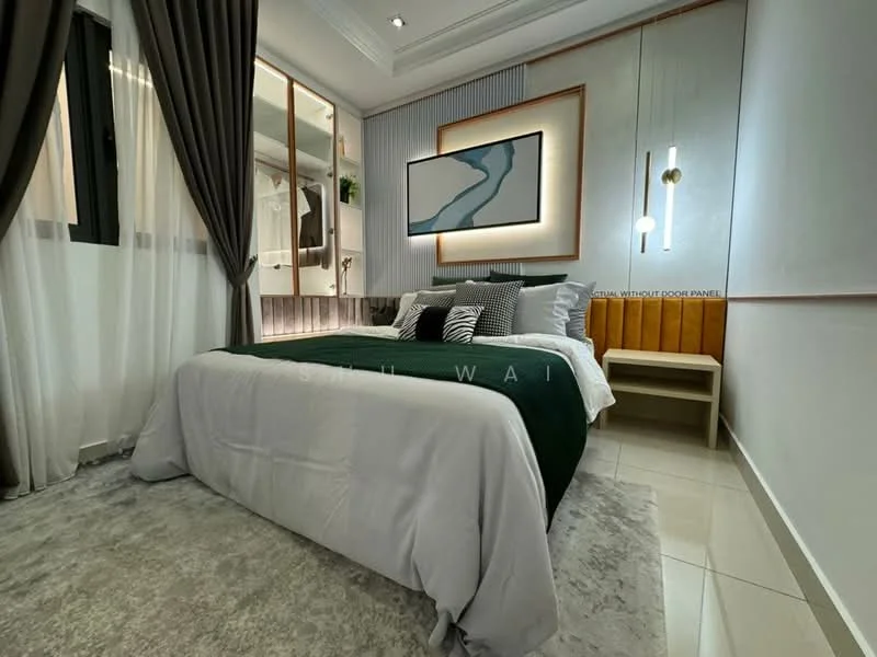 Bedroom features: queen-size bed with white bedding, green throw blanket, decorative pillows, framed artwork on wall, wood panel accent wall, recessed lighting, floor-to-ceiling windows with sheer curtains, carpet flooring, nightstand with lamp, built-in wardrobe with mirrored doors; style: modern.