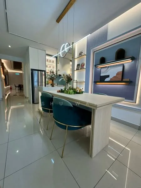 Dining features: rectangular dining table, 4 upholstered dining chairs in teal, white wooden table, decorative centerpiece with flowers, wall-mounted artwork, recessed LED lighting, suspended circular light fixture, glossy tile flooring, built-in shelving with decorative items, neutral wall color, open layout to adjacent room; style: modern.