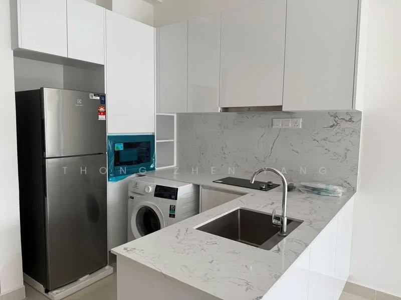 Kitchen features: stainless-steel fridge, front-load washing machine, single-bowl stainless-steel sink, chrome pull-down faucet, white cabinetry, marble countertop with grey veining, built-in oven, ceramic tile flooring, recessed downlights, white painted walls; style: modern.