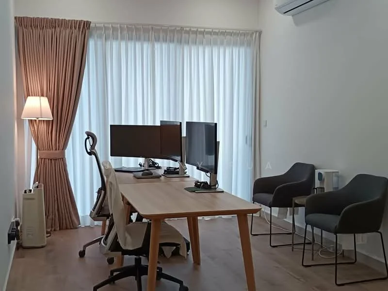 Study features: wooden flooring, white painted walls, floor-to-ceiling windows, sheer curtains, 2 computer monitors, wooden desk, ergonomic office chair, 2 grey upholstered chairs, air conditioning unit, table lamp; style: modern.