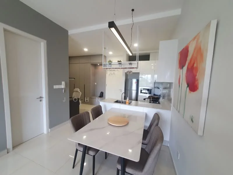 Dining features: 6-seater dining table with marble top, upholstered dining chairs in grey, pendant lighting above the table, wall-mounted artwork with floral design, grey painted walls, white cabinetry, stainless-steel appliances visible in kitchen, open-plan layout connecting to kitchen, tile flooring, recessed lighting; style: modern. Kitchen features: white cabinetry, stainless-steel refrigerator, built-in oven, ceramic cooktop, grey backsplash, countertop with integrated sink, open shelving, recessed lighting; style: modern.
