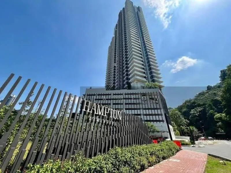 Exterior type: high-rise condominium; features: glass curtain wall, white painted facade, recessed balconies, greenery on balconies, manicured landscaping, paved walkway, signage with 'HAMPTON', surrounded by trees, modern architectural design; style: modern.