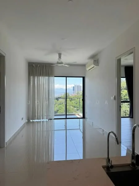 Living features: white painted walls, glossy tile flooring, 5-blade ceiling fan, floor-to-ceiling windows, sliding glass door, sheer curtains, air conditioning unit, natural light, view of greenery; style: modern; view: garden.