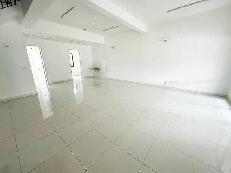 Room features: white painted walls, glossy ceramic tile flooring, recessed downlights, ceiling with exposed beams, one wall with a door leading to another room, one wall with a window, no visible furniture or decor; style: modern.