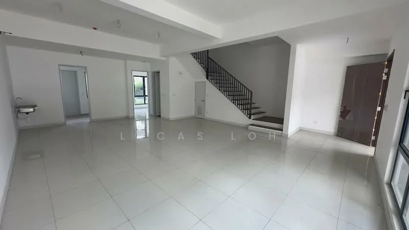 Living features: white painted walls, polished ceramic tile flooring, recessed downlights, floor-to-ceiling windows, open layout, staircase with metal railing, door leading to outdoor area, utility sink; style: modern. Room features: white painted walls, polished ceramic tile flooring, recessed downlights, door leading to hallway.