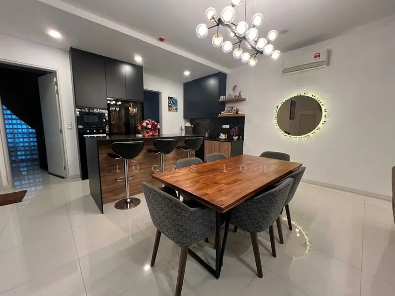 Dining features: dining table with wooden top, upholstered dining chairs, chandelier with multiple bulbs, white walls, glossy tile flooring, wall-mounted mirror with LED lighting, air conditioning unit, open-plan layout to kitchen, bar stools at kitchen counter, black cabinetry, decorative wall art; style: modern. Kitchen features: black cabinetry, stainless-steel appliances, kitchen island with seating, backlit wall, open shelving, countertop with dark surface; style: modern.