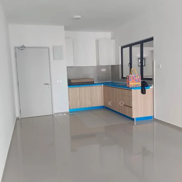 Kitchen features: white painted walls, grey tile flooring, flat-panel wooden cabinets in light wood, blue countertop, stainless-steel sink, chrome pull-down faucet, built-in oven, cooktop, window with black frame, open layout, recessed ceiling lights; style: modern.