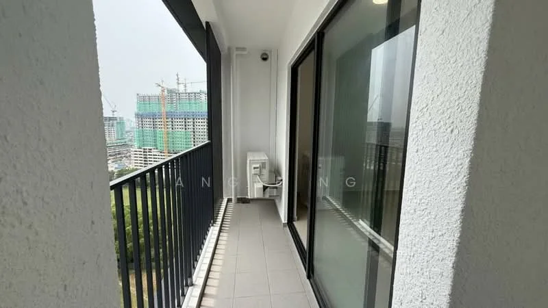 Room features: balcony, sliding glass door, floor-to-ceiling windows, grey tiled flooring, black metal railing, wall-mounted split AC, exterior view of construction site, exterior view of greenery; style: modern; view: city.