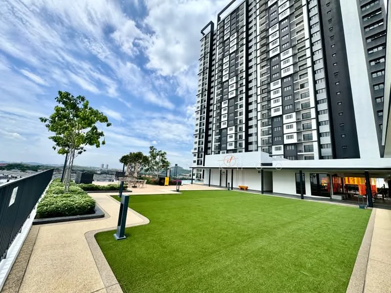 Exterior type: high-rise condominium; features: green lawn area, landscaped garden, paved walkway, outdoor seating area, surrounding city view, modern building facade with black and white colors, balconies on upper floors, large windows, main entrance with covered area; style: modern.