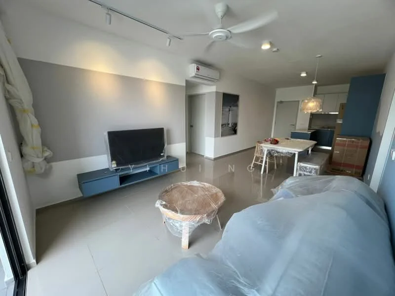 Living features: 3-seater fabric sofa in light blue, wall-mounted TV, TV console in blue, ceiling fan, recessed downlights, grey painted walls, light grey tiled flooring, large window with natural light, decorative pendant light, open layout to kitchen, air conditioning unit on wall, coffee table, plastic wrap on furniture; style: modern.