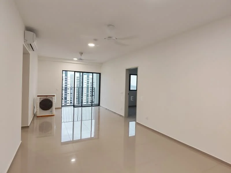 Living features: white painted walls, glossy beige tile flooring, 5-blade ceiling fan with light, floor-to-ceiling windows, sliding glass door, balcony access, air conditioning unit, natural light; style: modern; view: city.