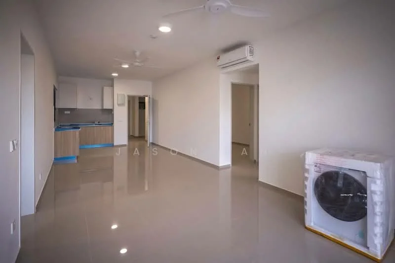 Living features: glossy ceramic tile flooring, white painted walls, recessed downlights, 2 ceiling fans, wall-mounted split AC, open layout, large windows, neutral color scheme; style: modern. Kitchen features: blue cabinetry, countertop with overhang, built-in kitchen appliances, open to living area; style: modern.