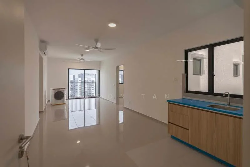 Living features: grey tiled flooring, white painted walls, 5-blade ceiling fan with light, floor-to-ceiling windows, sliding glass door, city view, air conditioning unit, open layout with kitchen area; style: modern; view: city. Kitchen features: wood cabinetry with blue countertop, single-bowl stainless-steel sink, chrome pull-down faucet; style: modern.