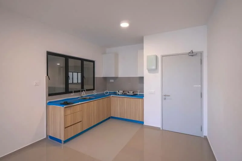 Kitchen features: blue laminate countertop, wood cabinetry, stainless-steel sink, chrome pull-down faucet, built-in gas hob, exhaust hood, grey tiled backsplash, grey tile flooring, window with black frame, white painted walls, recessed downlights; style: modern.