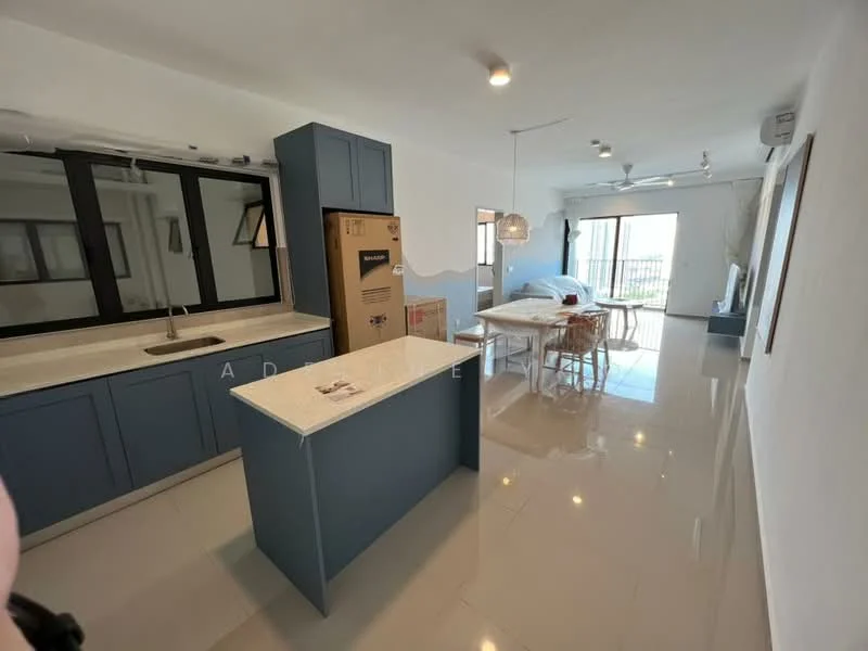 Kitchen features: blue cabinetry, white quartz countertop, single-bowl stainless-steel sink, chrome pull-down faucet, built-in refrigerator, open shelving, pendant light, tile backsplash; style: modern. Living features: dining table with chairs, sofa, floor-to-ceiling windows, ceiling fan, TV console, wall-mounted TV, area rug, light-colored walls; style: modern; view: city.