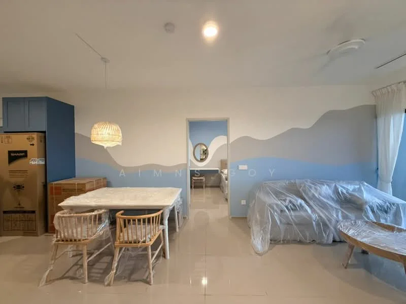 Living features: light grey sofa, wooden coffee table, 6-seater dining table, woven dining chairs, white tablecloth, refrigerator, pendant light, cream painted walls, blue accent wall, floor-to-ceiling windows, tile flooring, ceiling fan; style: modern.