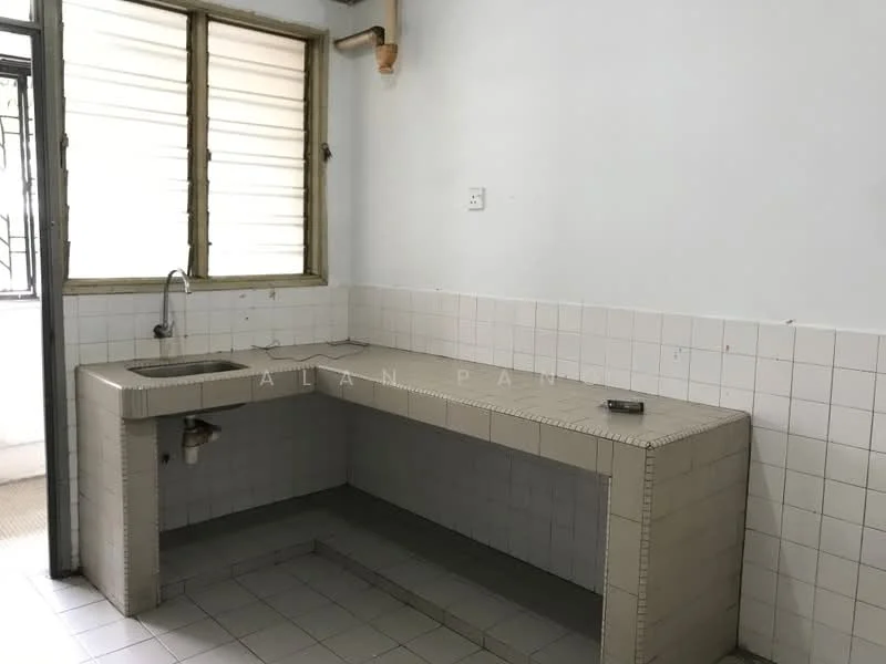 Kitchen features: single-bowl stainless-steel sink, chrome faucet, grey tiled countertop, white tiled backsplash, white tiled walls, grey tiled flooring, window with metal grille, open layout.