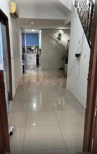 Hallway features: glossy ceramic tile flooring, white painted walls, recessed downlights, wall-mounted split AC, open doorway leading to another room, staircase visible in the background, electrical outlets visible, cable management visible; style: modern.