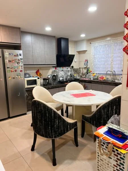 Kitchen features: grey cabinetry, white marble dining table, 4 upholstered dining chairs, stainless-steel fridge, microwave, built-in oven, ceramic tile flooring, window with sheer curtains, black countertop, kitchen sink, wall-mounted TV, decorative magnets on fridge, kitchen appliances, wall cabinets, open shelving; style: modern.