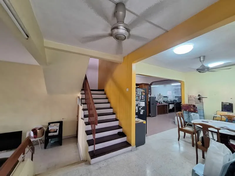 Living features: cream painted walls, white ceiling, 5-blade ceiling fan, recessed downlights, tile flooring, open layout, dining area, staircase with wooden railing. Room features: staircase with white steps, wooden handrail.
