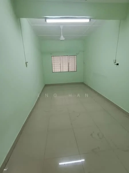 Room features: green painted walls, glossy ceramic tile flooring, ceiling fan, window with grid pattern, light fixtures on ceiling.