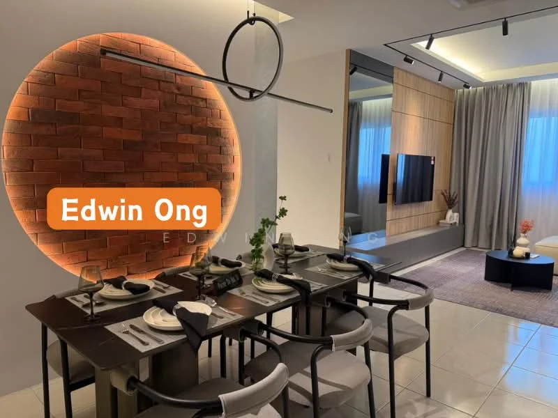Dining features: round dining table, 4 upholstered dining chairs, black table setting, white plates, glassware, decorative centerpiece, wooden accent wall, LED backlighting, floor-to-ceiling windows with sheer curtains, recessed ceiling lights, wall-mounted TV, area rug with geometric pattern; style: modern; view: city.