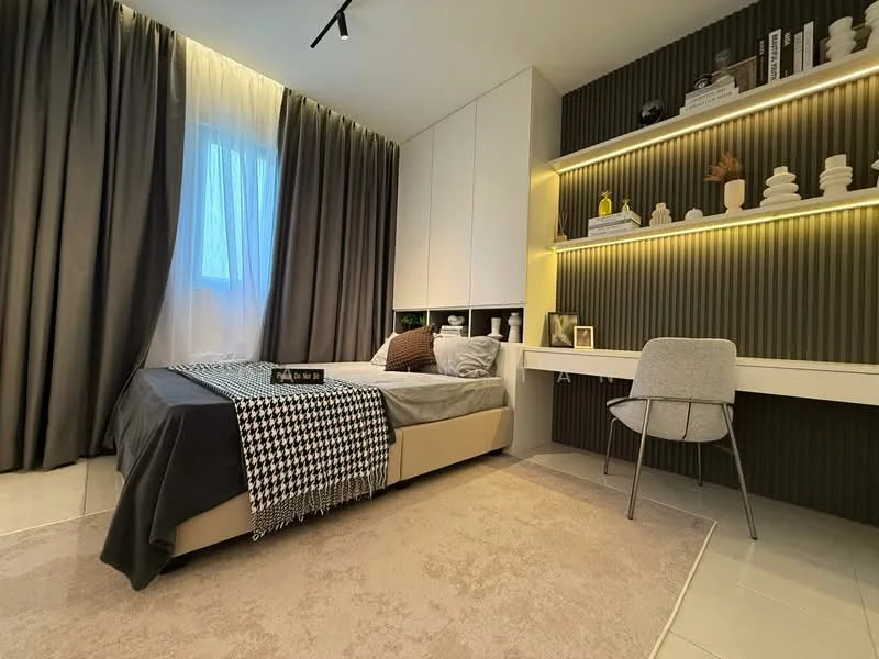 Bedroom features: queen-size bed, grey bedding, black and white houndstooth throw blanket, white built-in wardrobe, decorative shelf with vases and books, grey upholstered chair, white desk, recessed LED lighting, floor-to-ceiling window with sheer curtains, beige area rug, dark accent wall with vertical panels, light grey walls, wall-mounted decor items; style: modern.