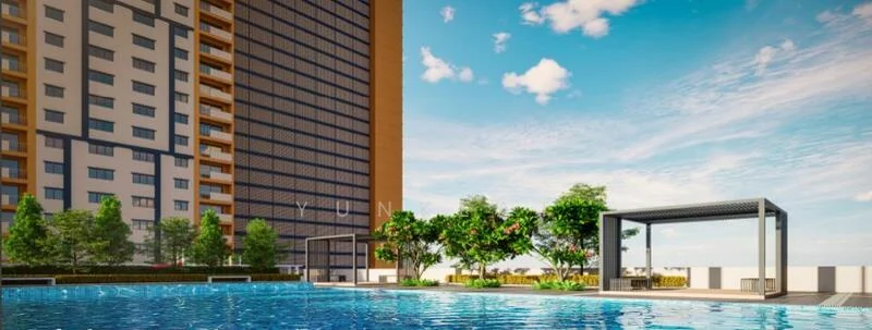 Exterior type: high-rise condominium; features: infinity pool, pool deck with loungers, landscaped garden with shrubs, pavilion with seating, manicured lawn, surrounding greenery, modern facade with glass curtain wall, approximately 20-storey high-rise; style: modern.