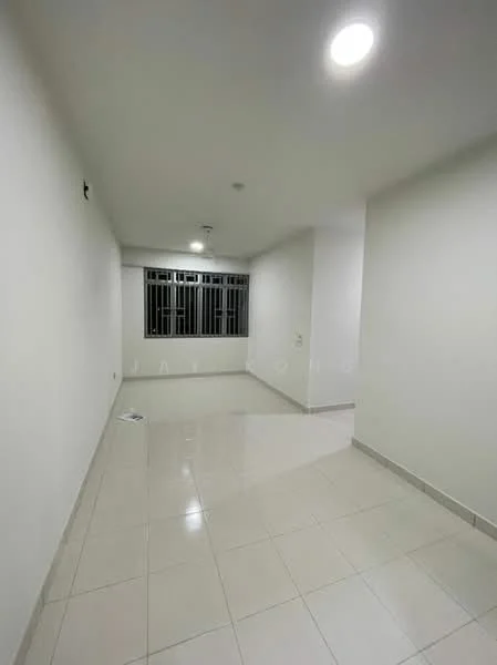 Room features: white painted walls, glossy ceramic tile flooring, recessed downlights, large window with metal grille, neutral color scheme, corner space, no visible furniture, minimalist design; style: modern.