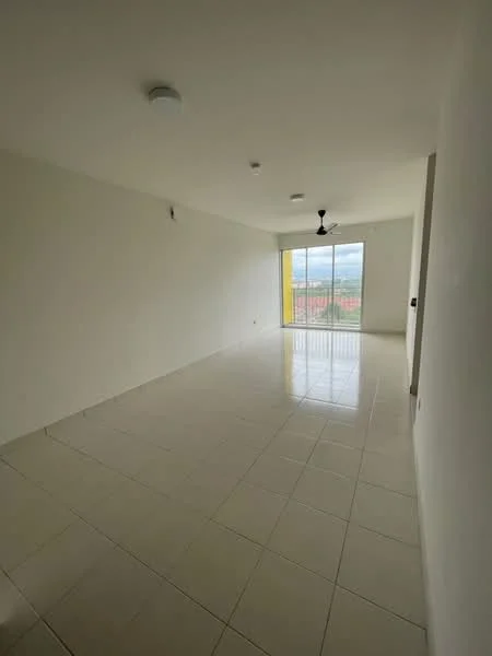 Living features: white painted walls, glossy ceramic tile flooring, 5-blade ceiling fan, floor-to-ceiling windows, sliding glass door, natural light from windows, neutral color scheme, open layout; style: modern; view: city.