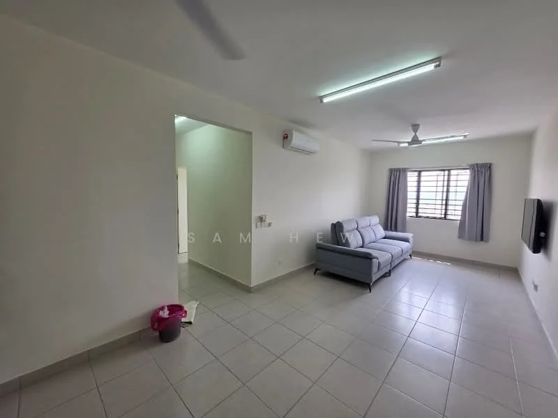 Living features: grey fabric sofa, wall-mounted TV, ceiling fan, 1 wall-mounted split AC, tile flooring, white painted walls, window with sheer curtains, light fixtures with fluorescent lighting; style: modern. Room features: doorway leading to another room, light-colored walls, tile flooring.