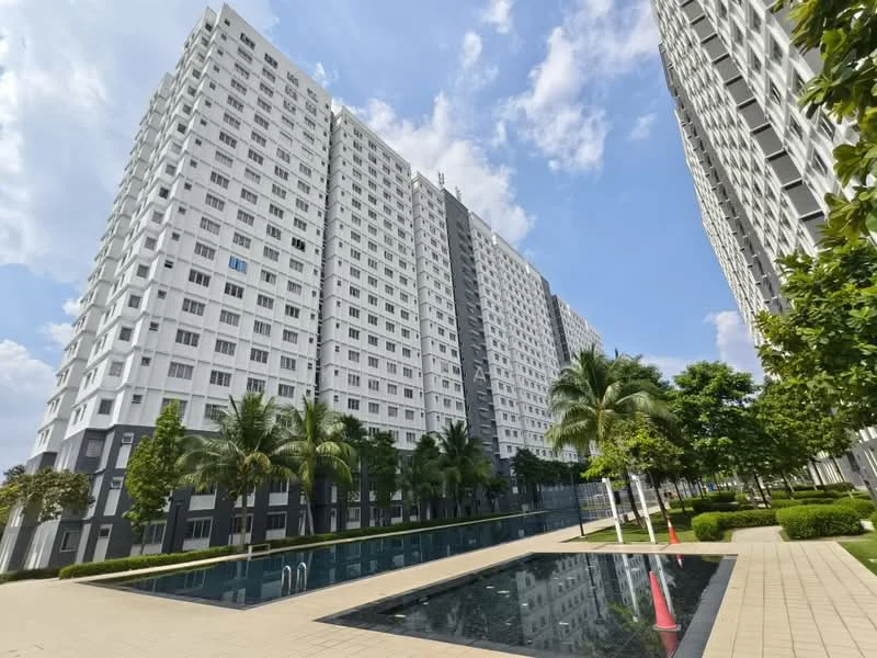 Exterior type: high-rise condominium; features: glass curtain wall, white painted facade, green landscaping with palm trees, swimming pool with tiled deck, manicured lawn, surrounded by greenery, multiple storeys, balconies on upper floors; style: modern.
