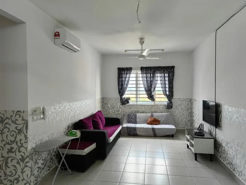 Living features: white painted walls, grey patterned wallpaper, ceramic tile flooring, 5-blade ceiling fan with light, wall-mounted TV, sofa bed in white, 2-seater fabric sofa in purple, black TV console, window with sheer curtains, air conditioning unit, decorative throw pillow, folding table, area rug; style: modern.