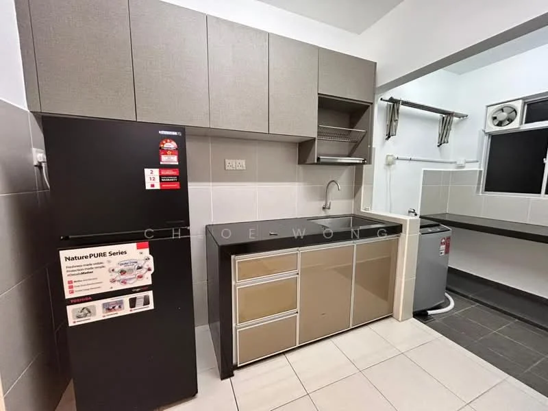 Kitchen features: grey cabinetry with flat-panel doors, black countertop, single-bowl stainless-steel sink, chrome pull-down faucet, stainless-steel fridge, built-in shelving above countertop, ceramic tile flooring, wall-mounted air conditioning unit, window with white frame, grey tiled backsplash; style: modern.