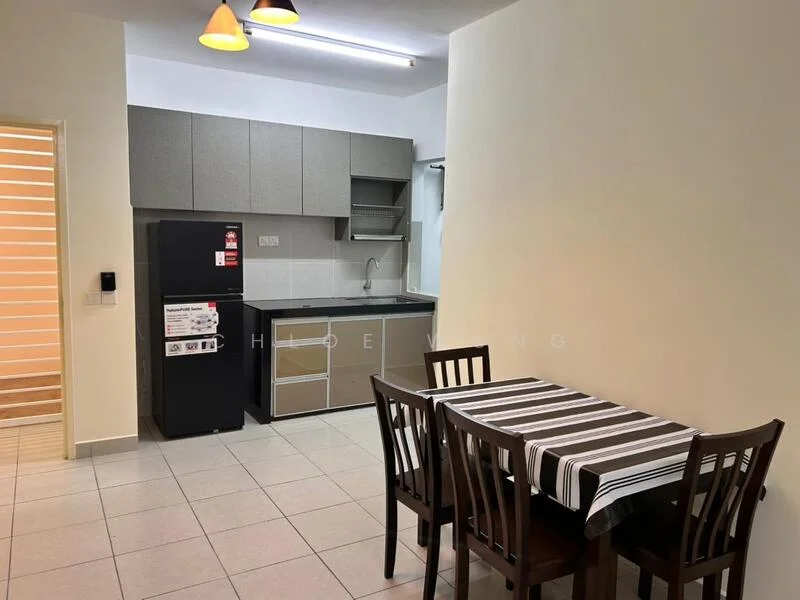 Kitchen features: grey cabinetry, black refrigerator, stainless-steel sink, single-bowl stainless-steel sink, chrome pull-down faucet, ceramic tile flooring, white walls, striped tablecloth on dining table, wooden dining table, four wooden dining chairs, kitchen countertop, open shelving, wall-mounted cabinet; style: modern.