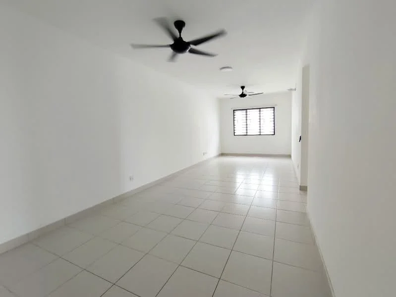 Room features: white painted walls, tile flooring, 2 ceiling fans, large window with horizontal blinds, neutral color scheme, no visible furniture, bright natural light, spacious layout; style: modern.